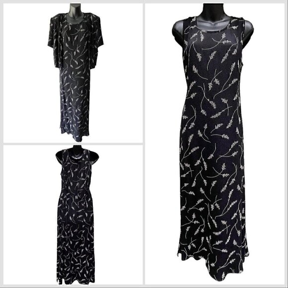 VTG 90s Molly Malloy Sleeveless Floral Maxi Black Dress With Cardigan Women’s 12 - Picture 1 of 16